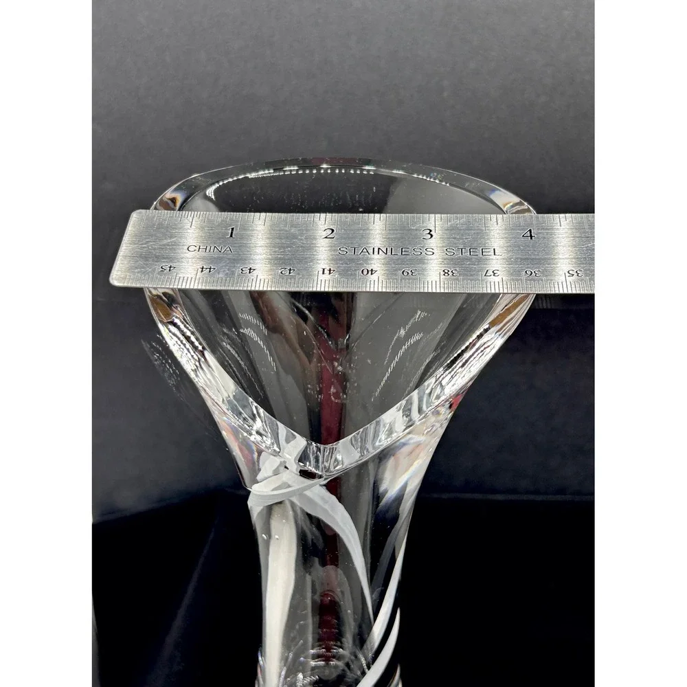 Clear Crystal Flared Vase Frosted Ribbon Etched Tri-Corner Rim 8.5 inch